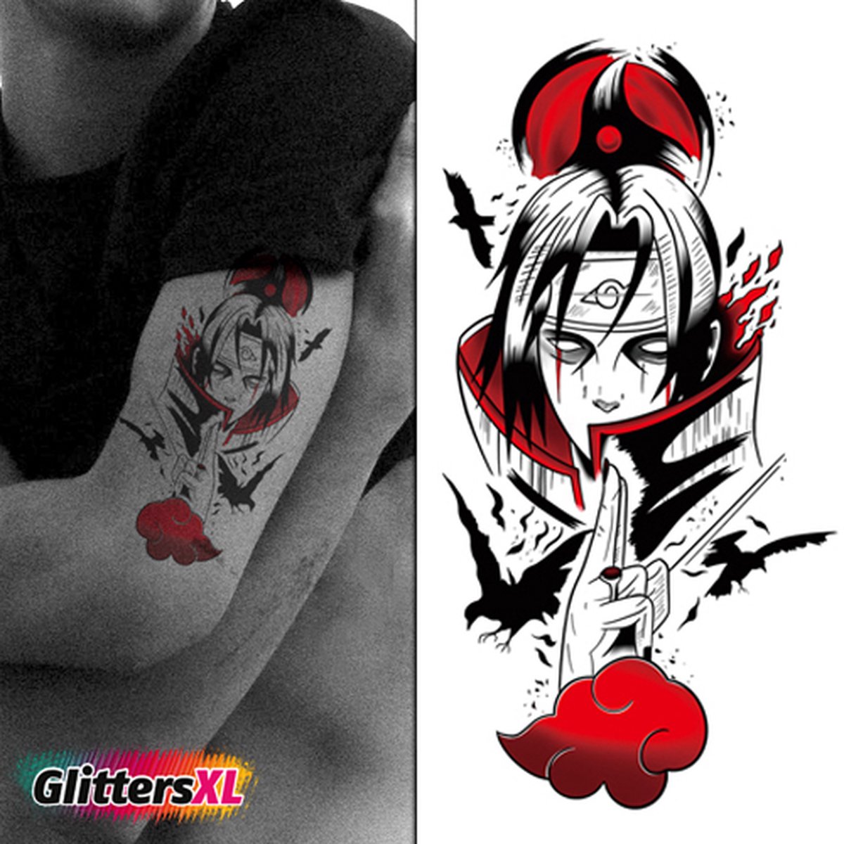 GlittersXL - Temporary Tattoo Anime (A5 formaat) [Neptattoo - Tijdelijke tatoeage - Nep Fake Tattoos - Water overdraagbare festival sticker henna outfit tattoo - Glitter tattoo - Volwassenen Kinderen Jongen Meisje]